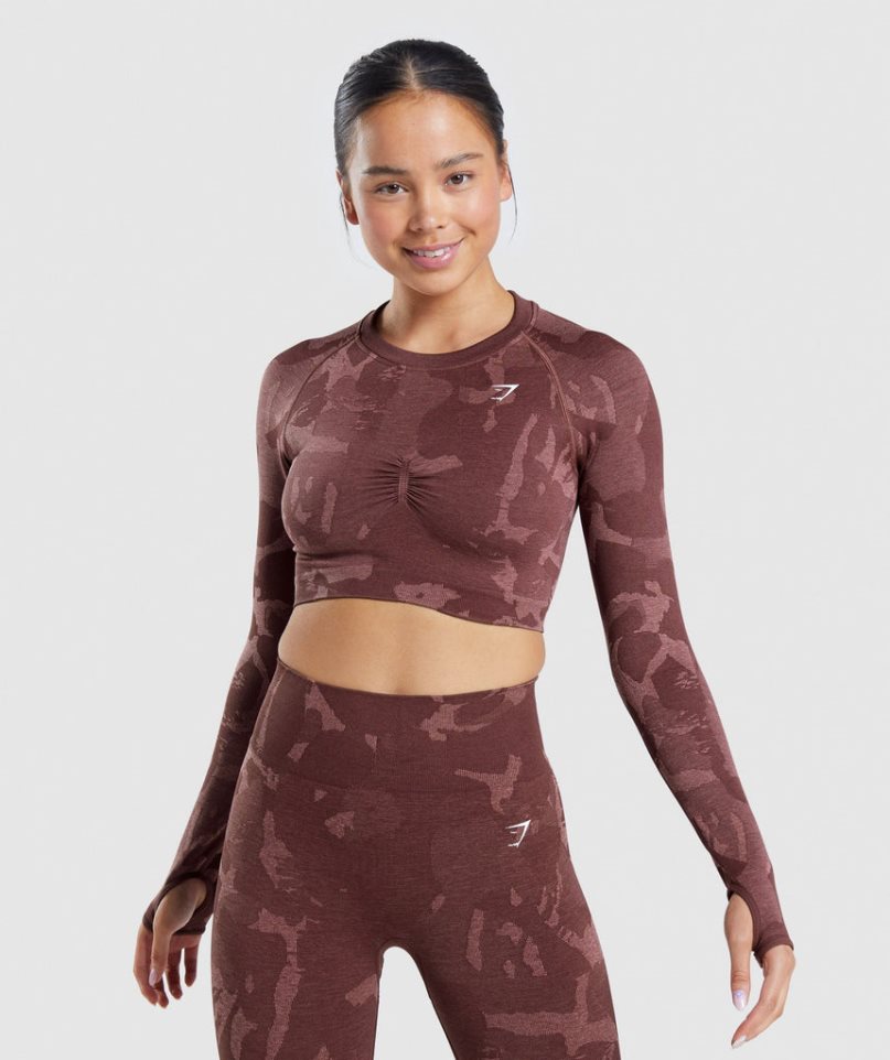 Women\'s Gymshark Adapt Camo Seamless Long Sleeve Cropped Tops Brown | CA 3D7165